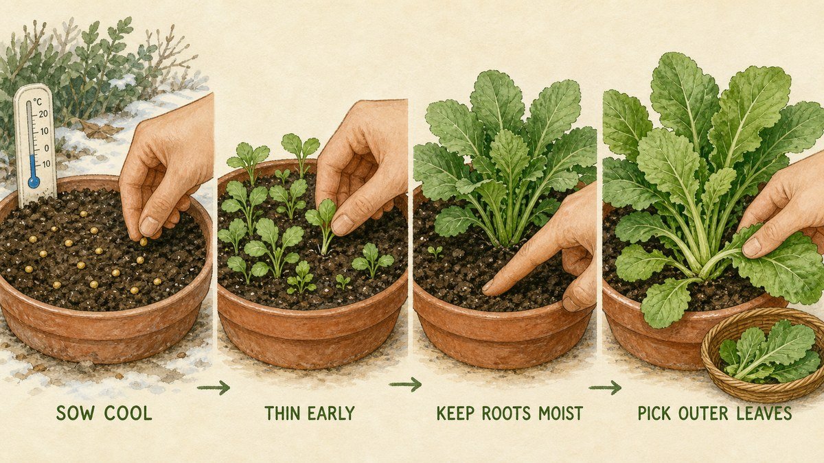 Illustrated mustard greens container routine showing cool sowing, thinning seedlings, keeping roots moist, and picking outer leaves