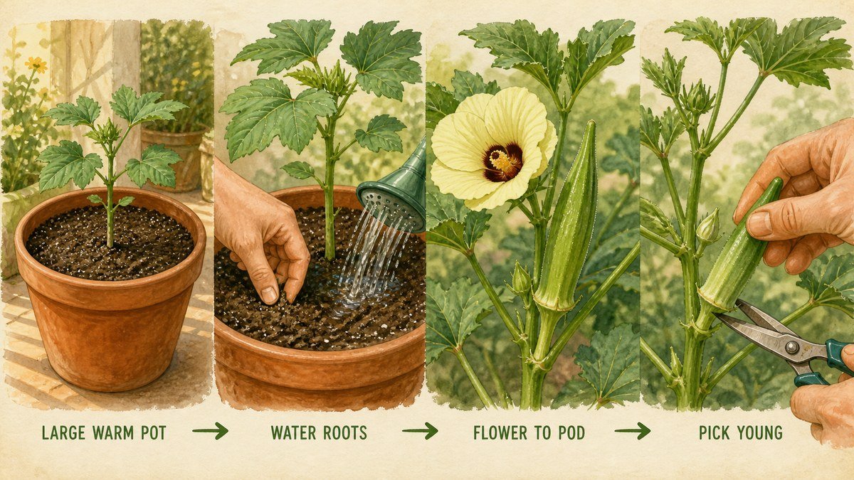 Illustrated okra container routine showing a large warm pot, watering roots, the flower-to-pod stage, and picking young pods