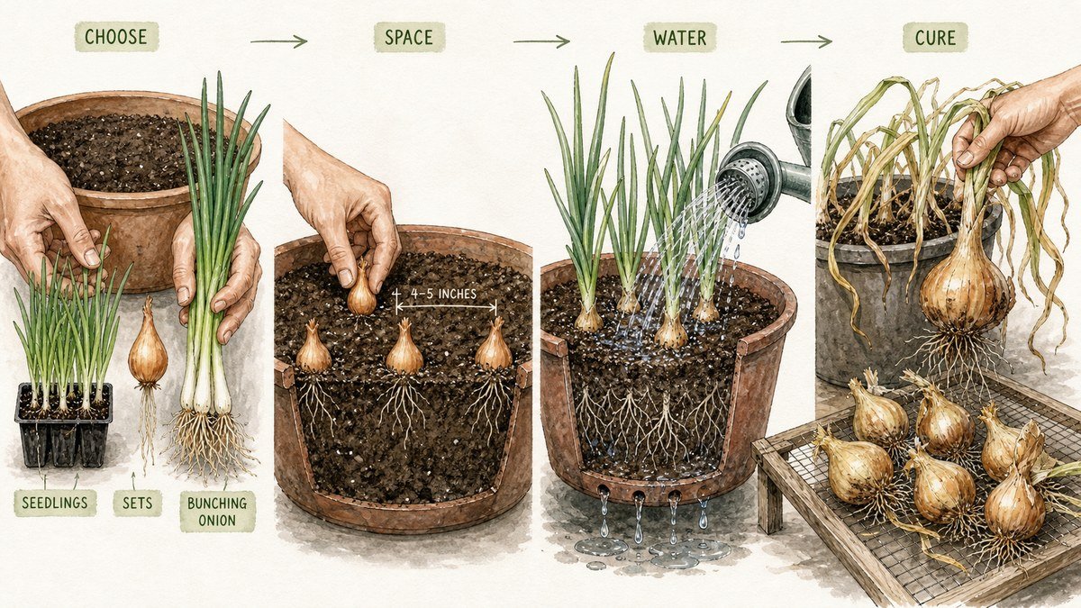 Plant-action visual showing onion seedlings and sets, generous spacing in a container, watering with drainage, and gently lifting mature bulbs to cure