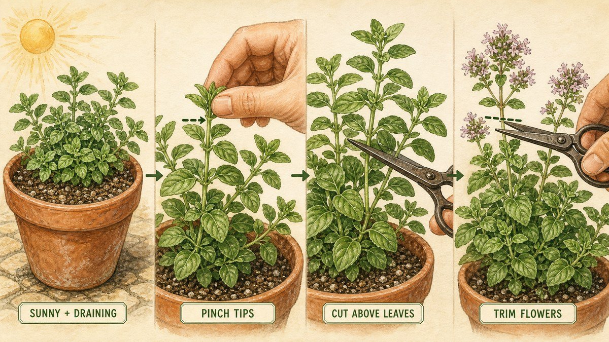 Illustrated oregano container routine showing sun and drainage, pinching tips, cutting above leaves, and trimming flowers