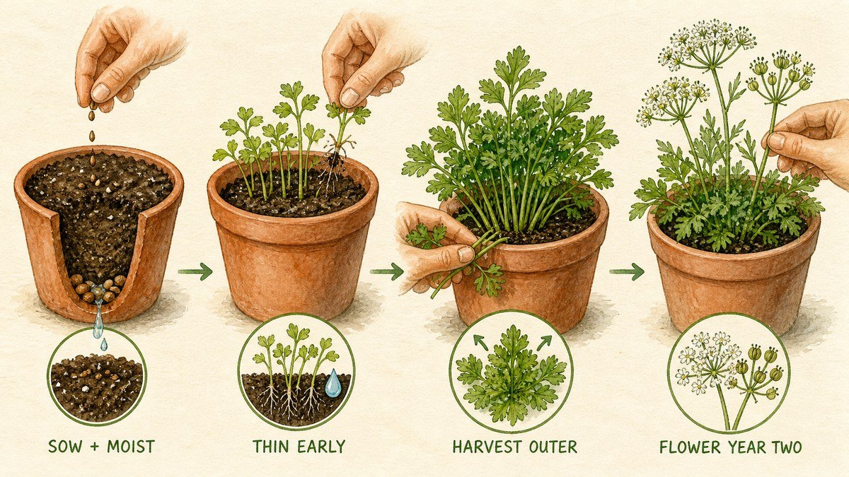 Plant-action visual showing parsley seeds in moist potting mix, thinning seedlings, harvesting outer stalks, and the second-year flower stage