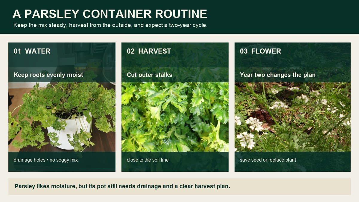 Three real parsley photographs showing a moist container, leafy stalks ready for harvest, and parsley flowers in the second year