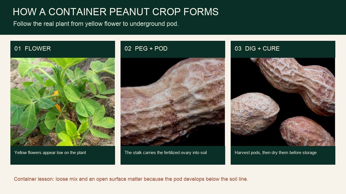 Real peanut photos showing flowers, an attached peanut stalk and pods ready to dry