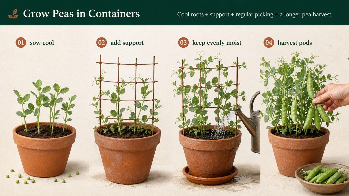 Original plant-action diagram showing pea variety height, trellis placement, watering, tendril guidance, and pod harvest