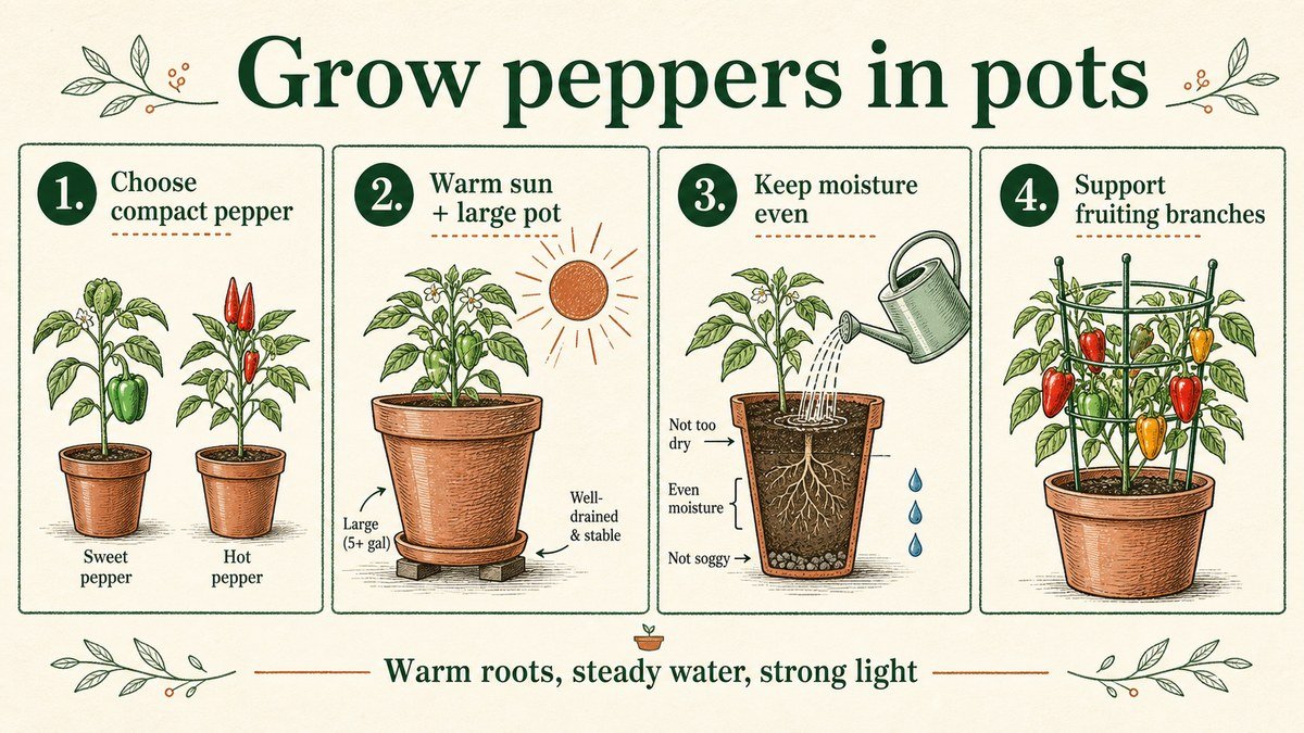 Four-step guide to growing peppers in pots: choose a compact pepper, give it warm sun and a large pot, keep moisture even, and support fruiting branches