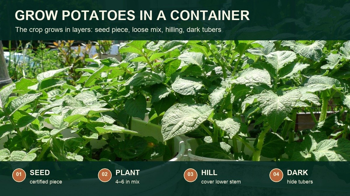 Real potato plants growing in containers with four short action labels for using certified seed, planting in loose mix, hilling as stems grow, and keeping tubers dark