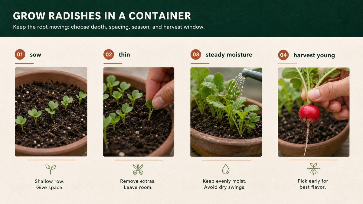 Original plant-action diagram showing radish container depth, direct sowing, thinning, watering, and harvest