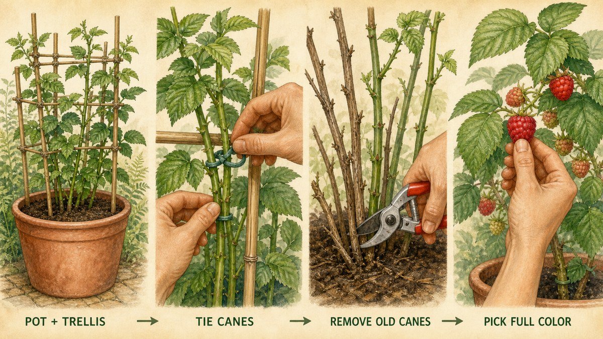 Illustrated raspberry container routine showing a pot and trellis, tying canes, removing old canes, and picking fully coloured berries