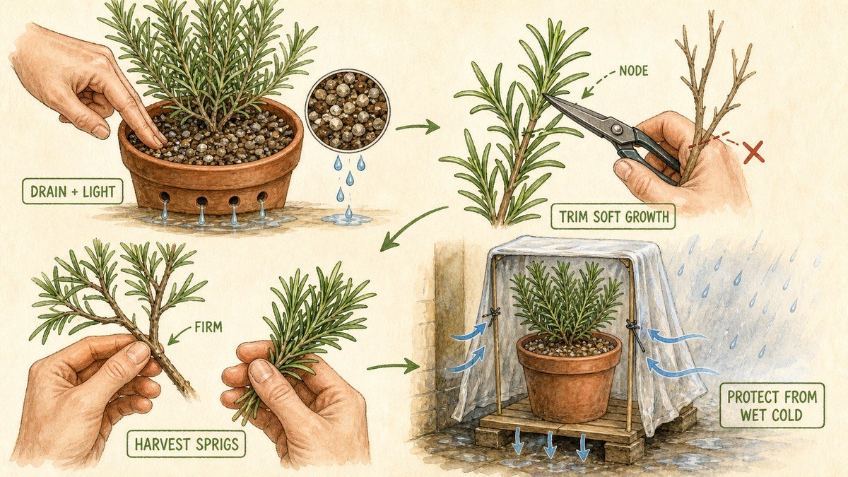 Plant-action visual showing rosemary in gritty draining soil, pruning young green growth above a node, harvesting firm sprigs, and protecting the pot from wet cold
