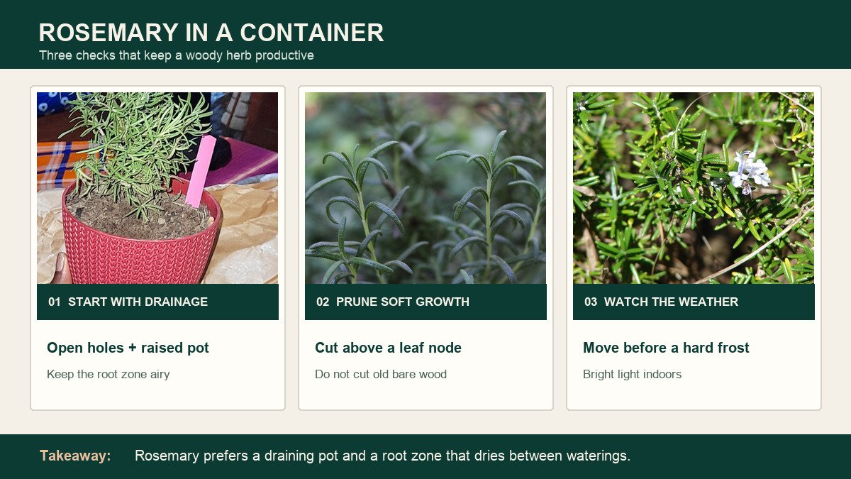 Three real rosemary photographs showing a draining pot, young needle-covered growth for pruning, and flowers to check before winter