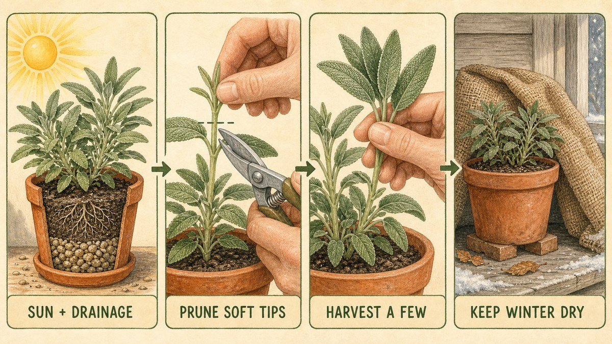 Illustrated sage container routine showing sun and drainage, pruning soft tips, harvesting leaves, and keeping the pot dry in winter