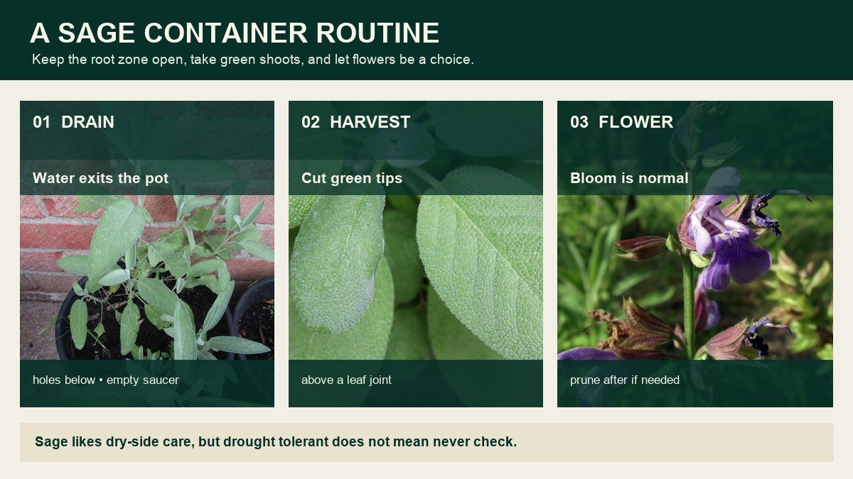 Three real sage photographs showing a draining container, textured leaves ready for harvest, and sage flowers