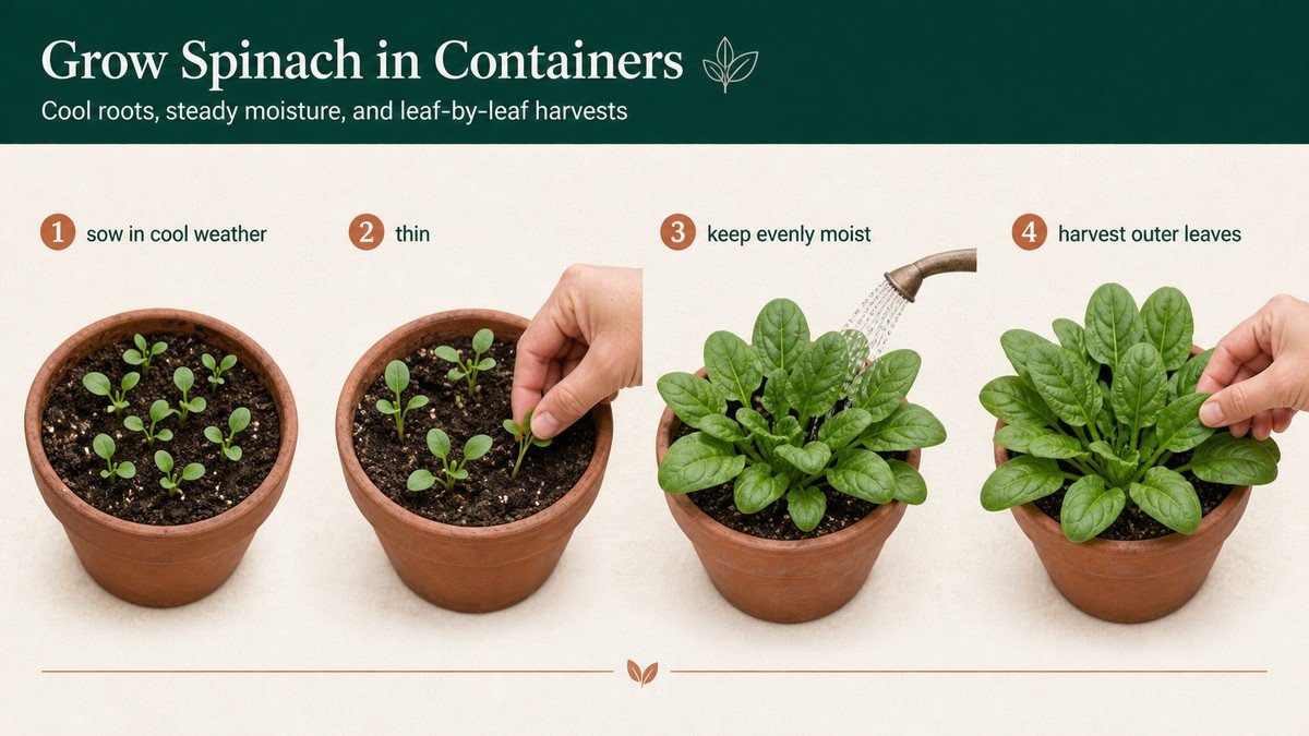 Original plant-action diagram showing spinach timing, sowing and thinning, moisture checks, and outer-leaf harvesting
