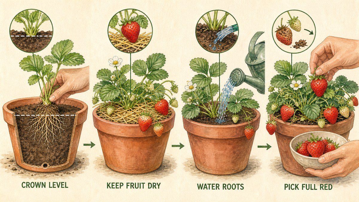 Plant-action visual showing a strawberry crown set at the soil surface, fruit lifted on clean mulch, root-zone watering, and ripe berries picked by hand