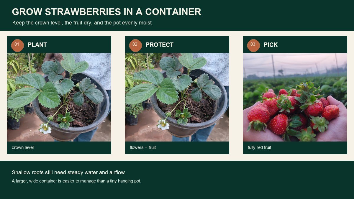 Real strawberry plant, flowers, and ripe harvest showing the key container growing sequence