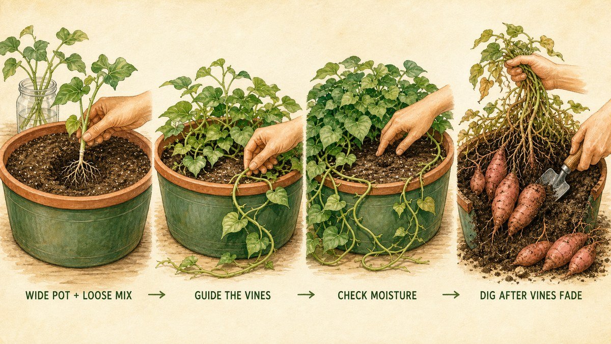 Illustrated sweet potato container routine showing a wide pot and loose mix, guiding vines, checking moisture, and digging after vines fade