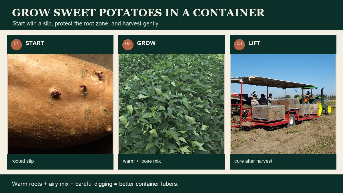 Real sweet potato shoots, growing plants, and harvest action showing the container crop sequence