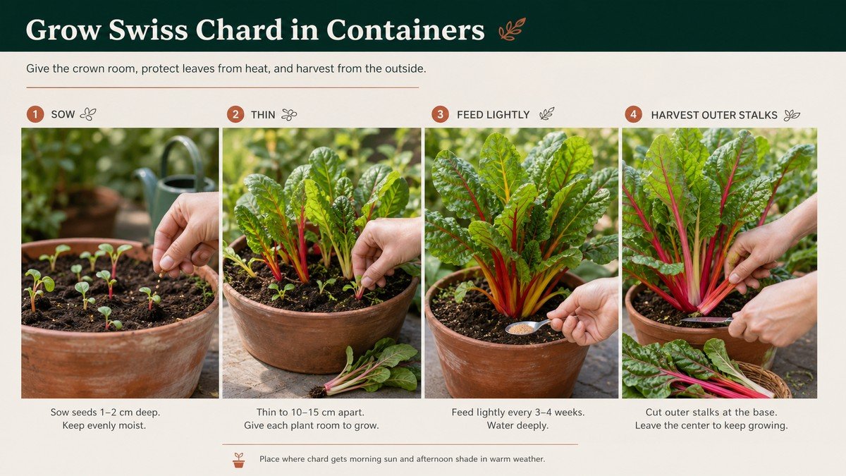 Original plant-action diagram showing Swiss chard container room, plant spacing, heat protection, and outer-leaf harvest