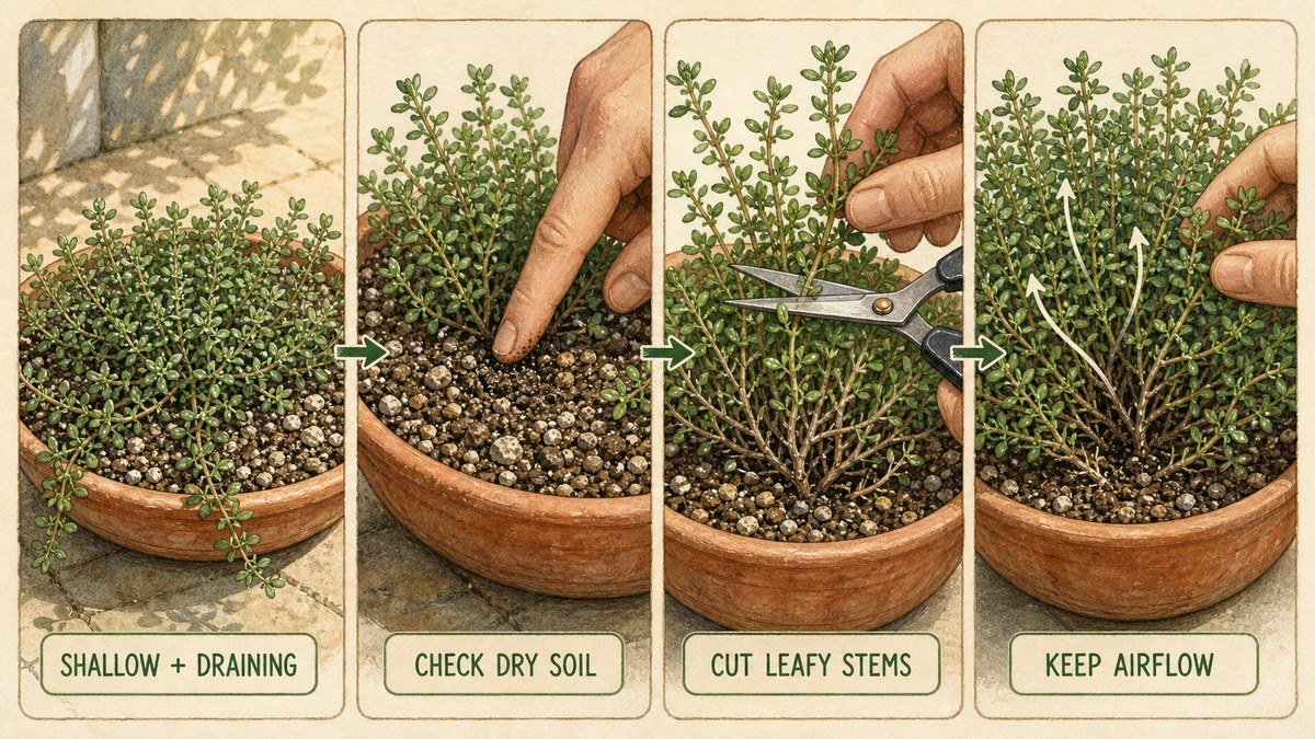 Illustrated thyme container routine showing a shallow draining pot, checking dry soil, cutting leafy stems, and keeping airflow