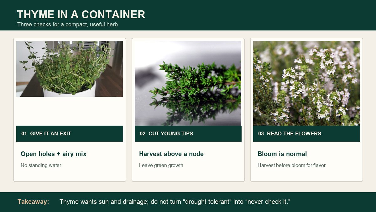 Three real thyme photographs showing a potted plant, young leafy stems for harvest, and flowering thyme