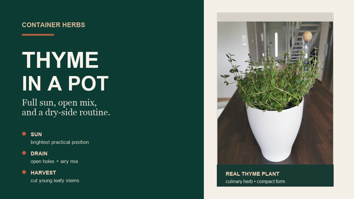 Real thyme plant growing densely in a white container indoors