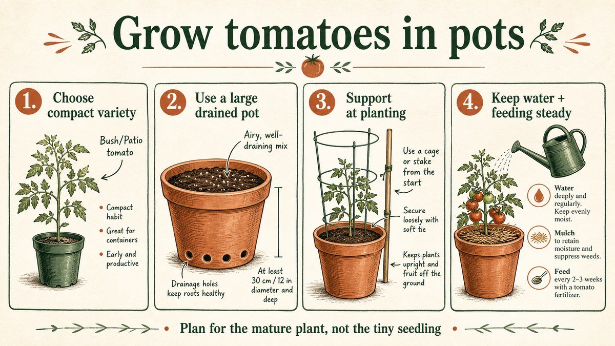 Four-step guide to growing tomatoes in pots: choose a compact variety, use a large drained container, add support at planting, and keep water and feeding steady