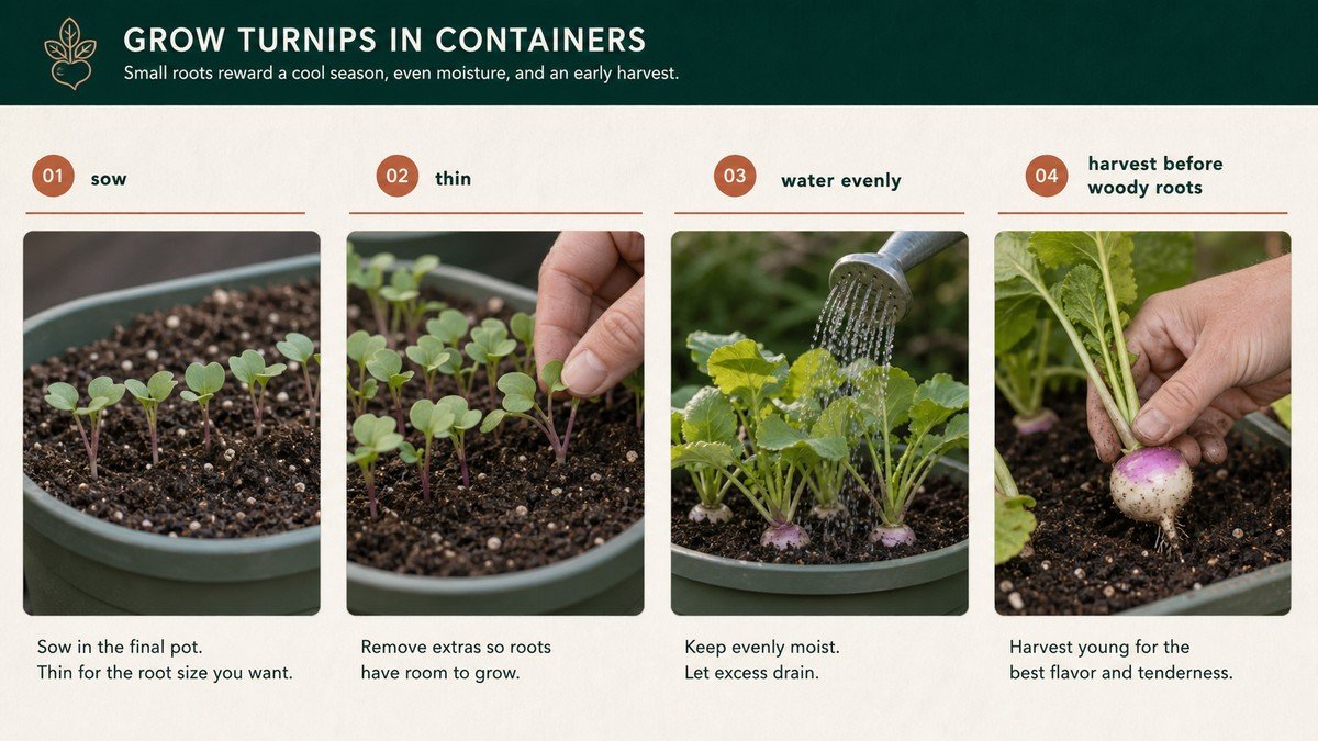 Original plant-action diagram showing turnip container depth, direct sowing, spacing, watering, and harvest