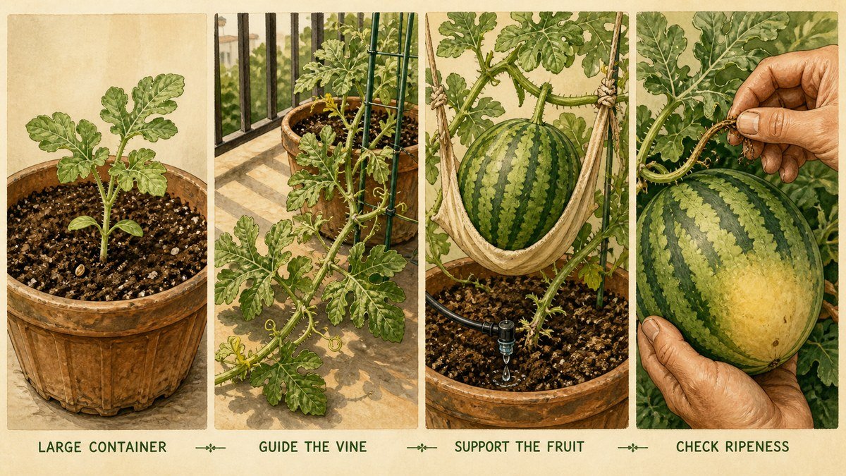 Illustrated watermelon container routine showing a large container, guiding the vine, supporting fruit, and checking ripeness