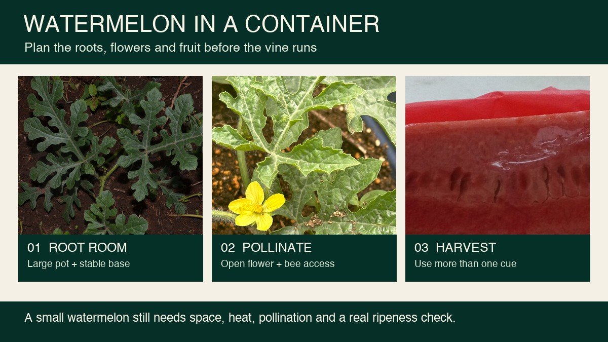 Three real watermelon photographs showing the leaf canopy, an open yellow flower, and harvested red fruit