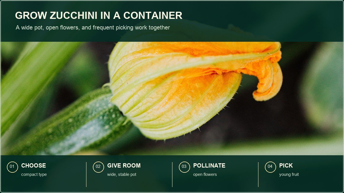 Real zucchini flower and fruit with four short action labels for choosing a compact type, giving the plant room, checking pollination, and picking young fruit