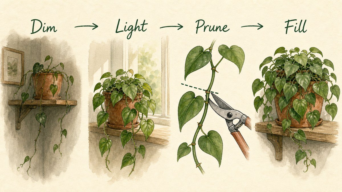 Four illustrated heartleaf philodendron steps: move a sparse vine from dim light, provide indirect light, prune above a node, and encourage fuller growth