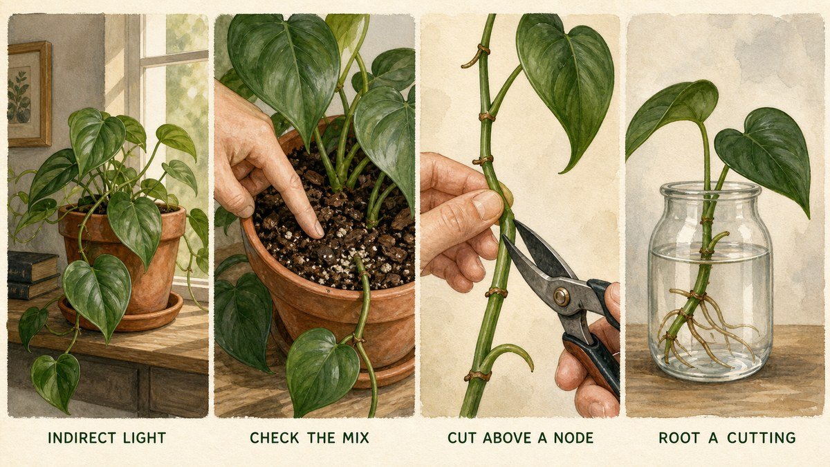 Heartleaf philodendron care actions: provide indirect light, check the potting mix, cut above a node, and root a healthy cutting