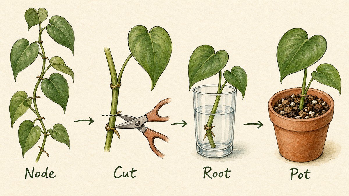 Four illustrated heartleaf philodendron propagation steps: identify a node, cut below it, root the cutting in water, and pot it after roots form