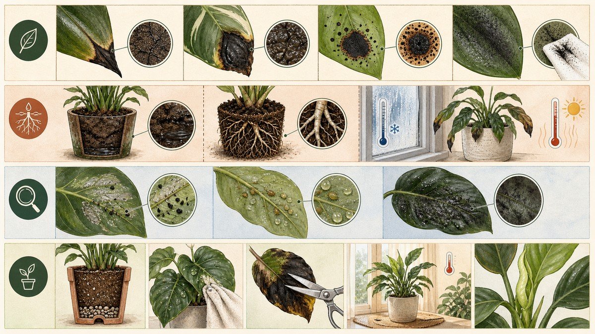 Four-step visual guide for black houseplant leaves: compare dry tips, mushy tissue, black spots, and wipeable soot, then check roots, pests, temperature, and recovery conditions