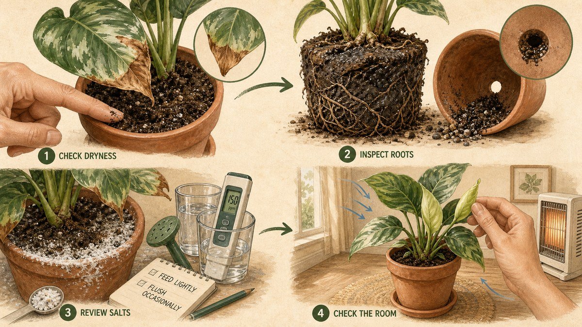 Visual guide showing a fingertip checking dry soil, wet roots and drainage, fertilizer salt crust, and a houseplant being checked for harsh room conditions and healthy new growth