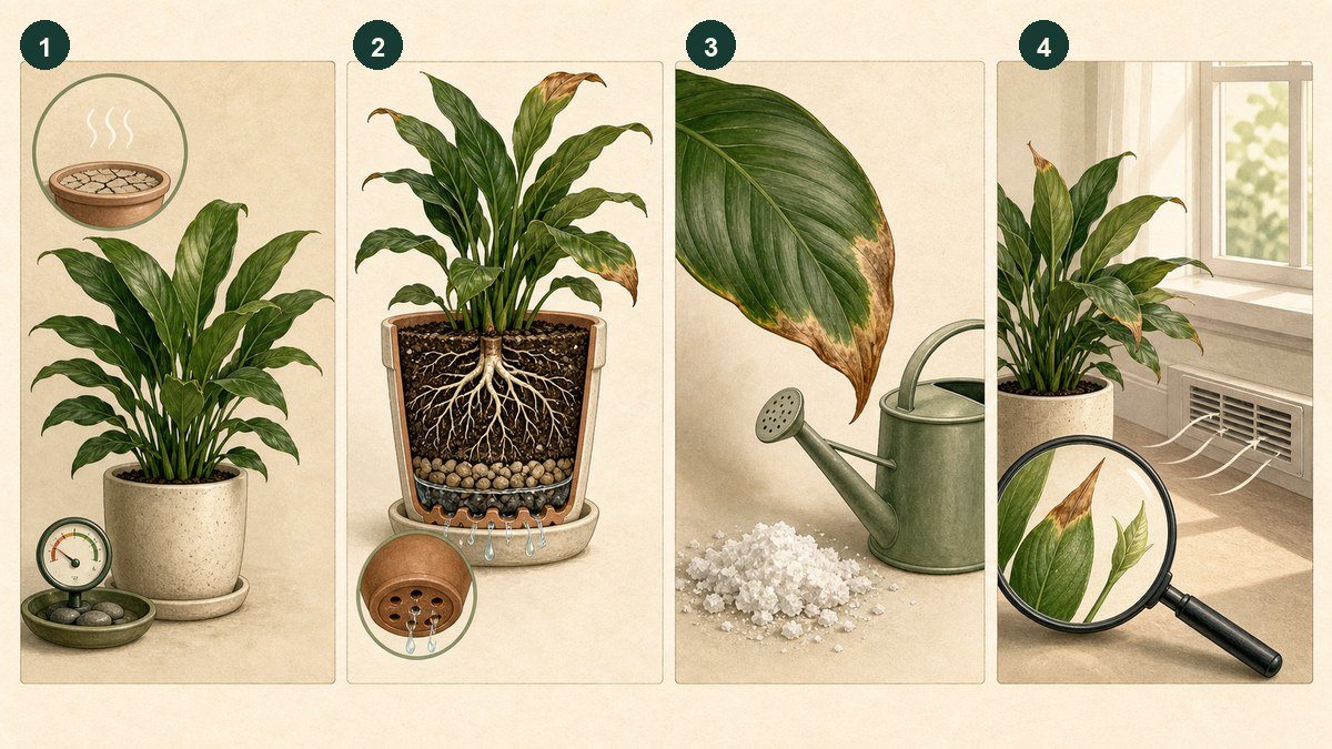 Four-step visual guide for diagnosing brown houseplant leaf tips: check dry conditions, inspect wet roots and drainage, review salts or water quality, then check light, heat, drafts, and new growth