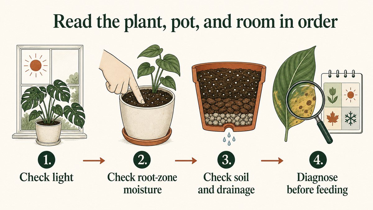 Four-step houseplant care decision path: check light, root-zone moisture, soil and drainage, then diagnose before feeding
