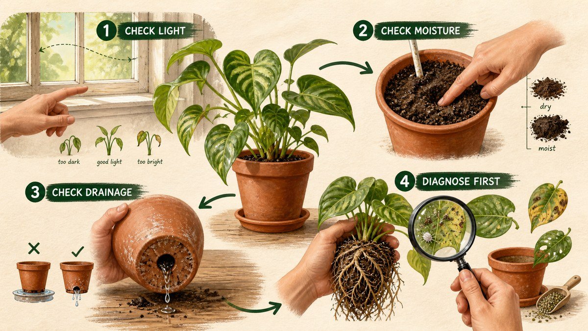 Houseplant care diagnostic actions: check the window light, feel root-zone moisture, inspect soil and drainage, then diagnose roots or pests before feeding