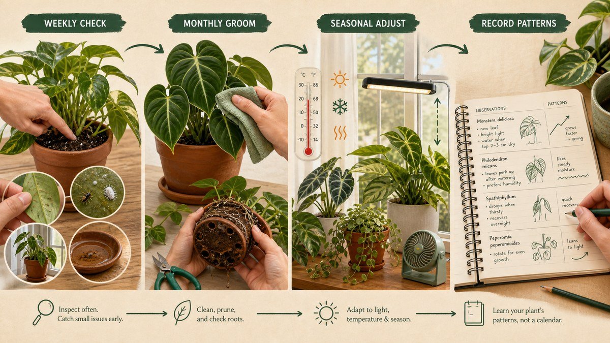 Flexible houseplant care schedule actions: inspect soil and leaves weekly, groom and check drainage monthly, adjust light and temperature seasonally, and record plant patterns