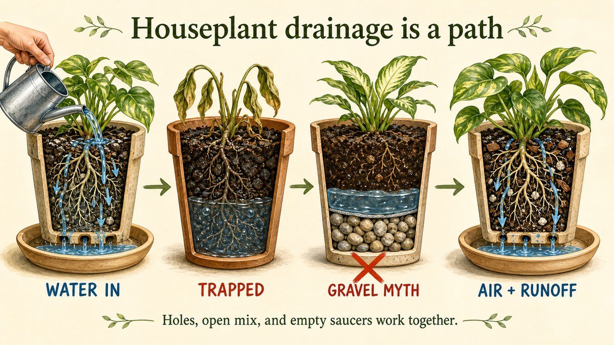 Plant-action diagram showing water moving through a draining pot, trapped water around wilted roots, a gravel-layer myth, and healthy roots with air and runoff