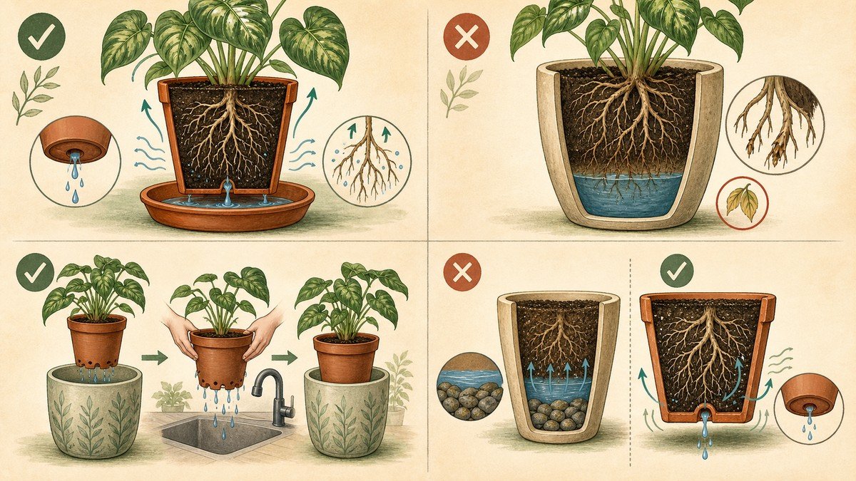 Four-step visual guide to houseplant drainage: use an open hole, avoid pooled water in a sealed pot, lift a draining inner pot from a cachepot, and choose a real hole instead of a gravel layer