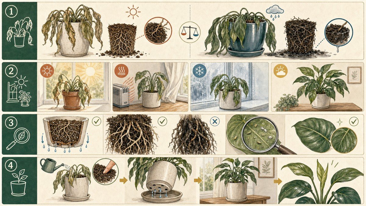 Four-step visual guide for drooping houseplant leaves: compare dry and wet-root droop, check heat and cold exposure, inspect drainage, roots, and pests, then stabilize watering and placement