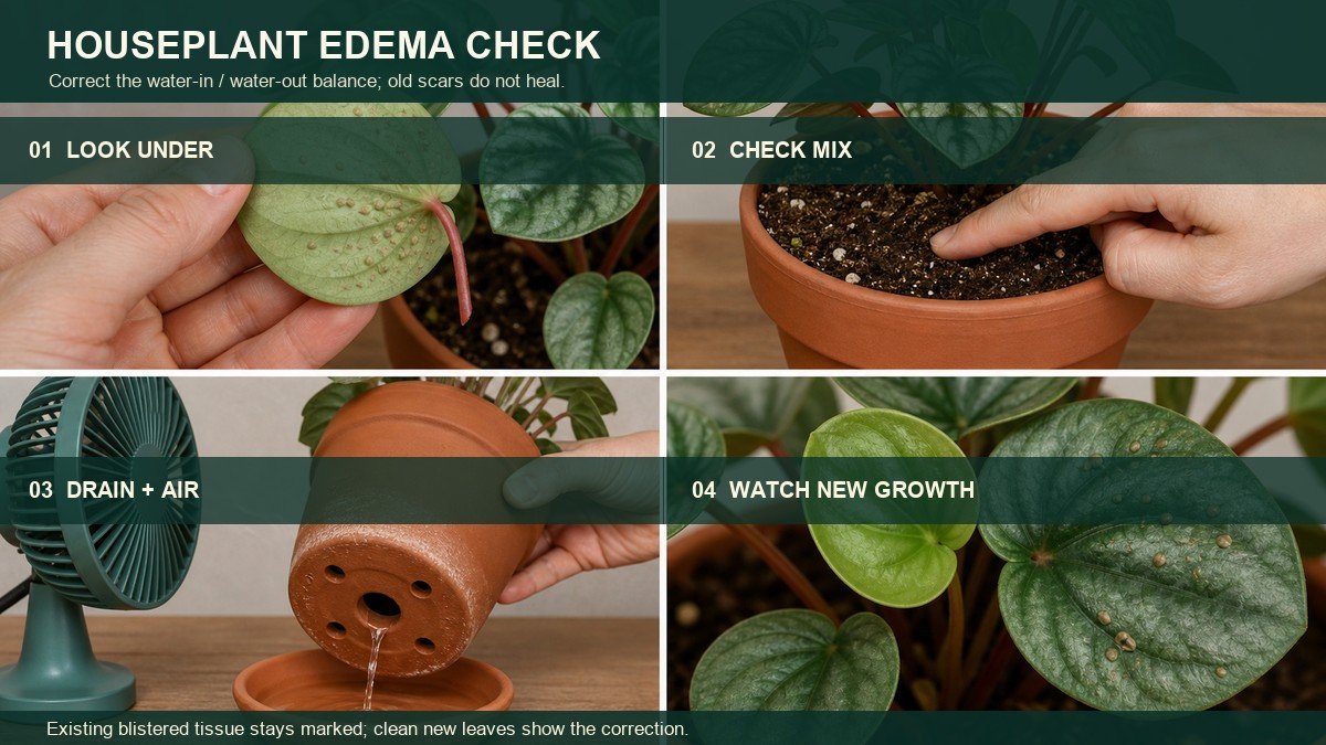 Four-action visual guide for houseplant edema: inspect the underside of a leaf, check the potting mix, confirm drainage and gentle airflow, and watch clean new growth