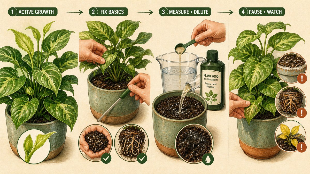 Visual guide to fertilizing houseplants: check for active growth, fix light and root-zone moisture first, measure and dilute feed according to the label, then pause when salt buildup or stress appears