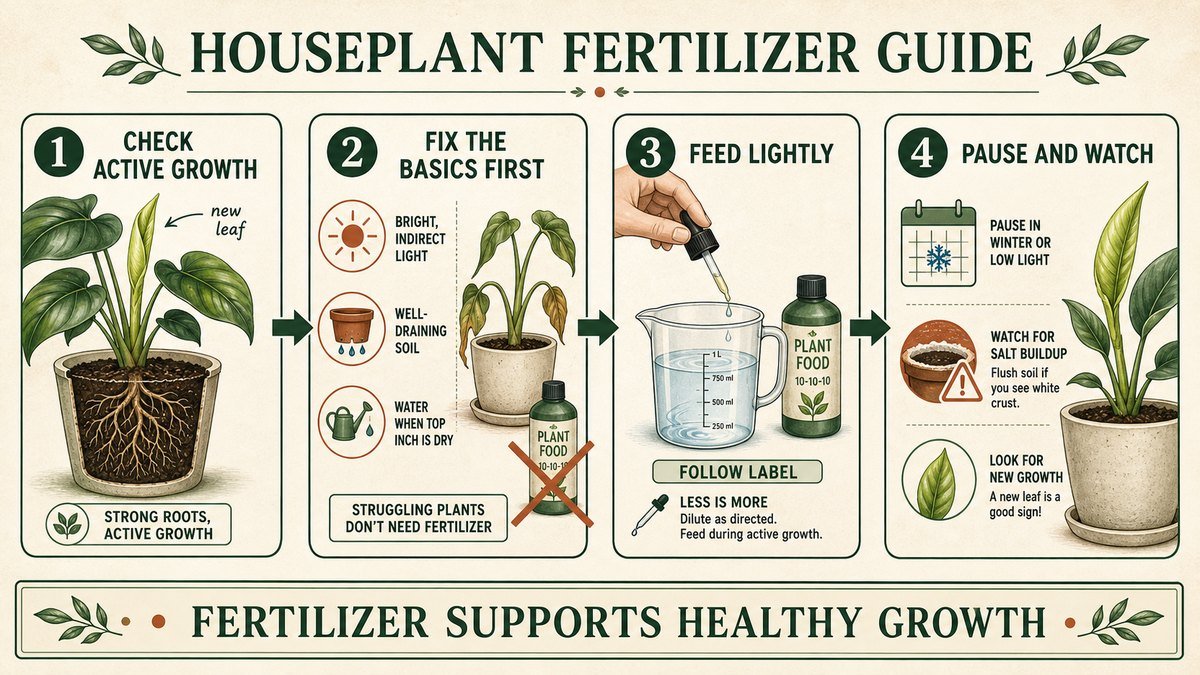 Four illustrated fertilizer decisions: check active growth, fix light drainage and watering first, feed lightly according to the label, then pause and watch for salt buildup or new growth