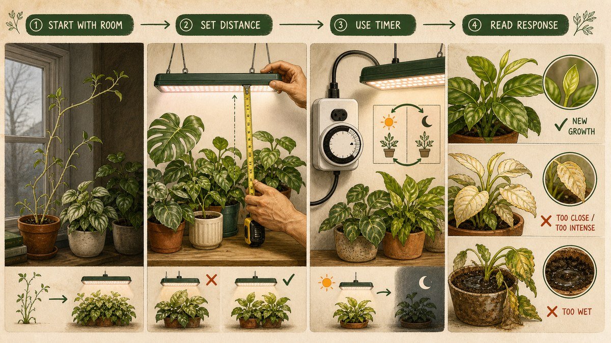 Houseplant grow-light actions: assess the room, set the fixture above the canopy, use a timer with a dark period, and read new growth or stress before adjusting