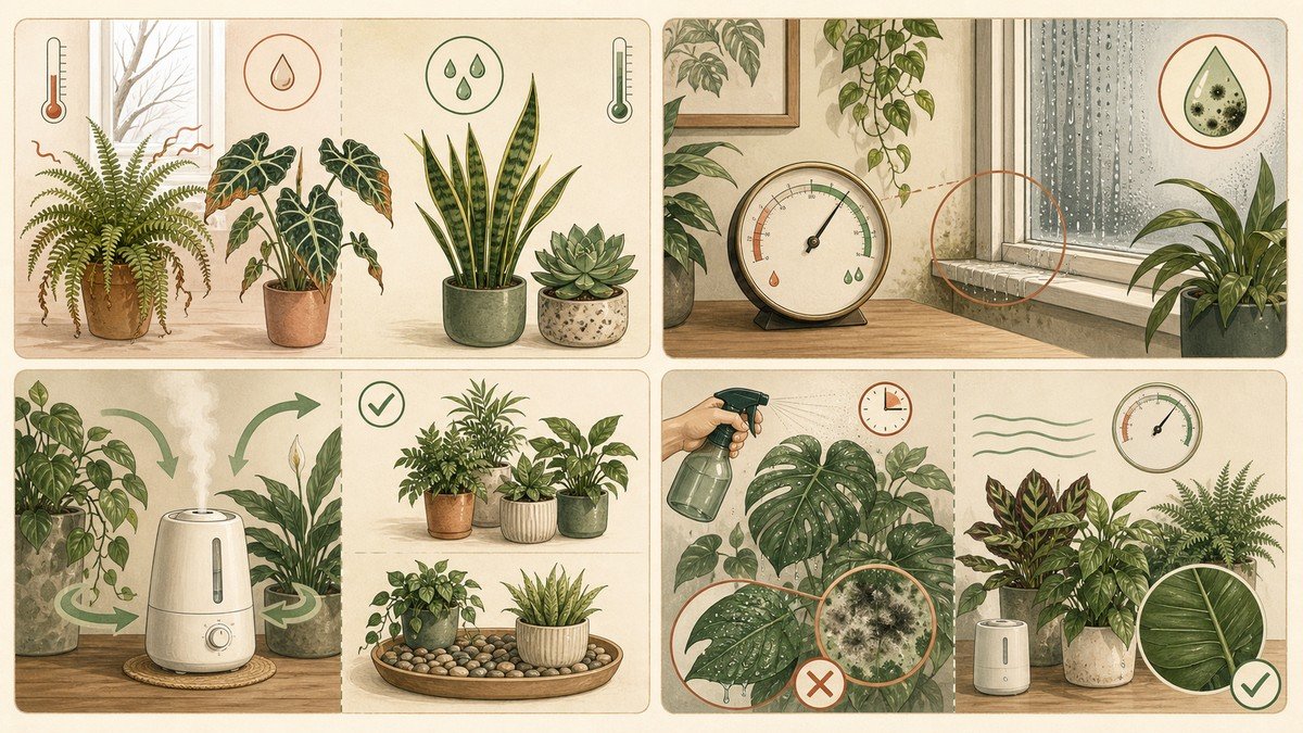 Four-step visual guide to houseplant humidity: match plant groups to dry or humid air, measure the room and watch condensation, use a humidifier or grouping carefully, and avoid misting leaves into persistent dampness or mold