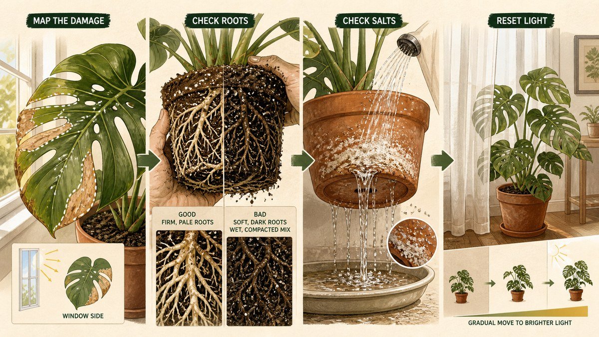 Visual guide showing Monstera scorch mapped on a leaf, healthy and damaged roots compared, salt crust rinsed through drainage, and a plant acclimated behind a sheer curtain