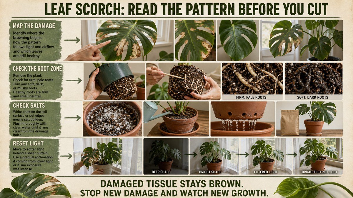 Four-step visual learning guide showing a hand mapping Monstera scorch, checking roots, flushing salt crust, and moving a plant behind a sheer curtain gradually