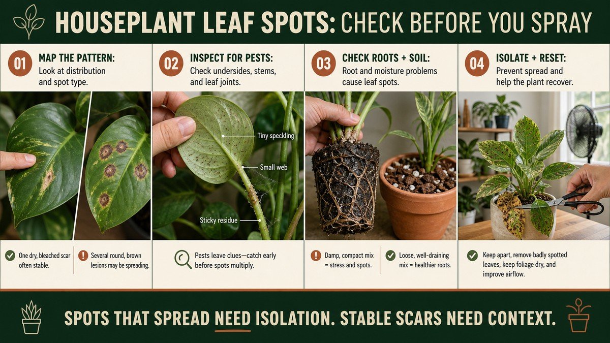 Four-step visual learning guide showing a hand mapping leaf-spot patterns, checking for pests, inspecting roots and soil, and isolating a spotted plant before removing a damaged leaf